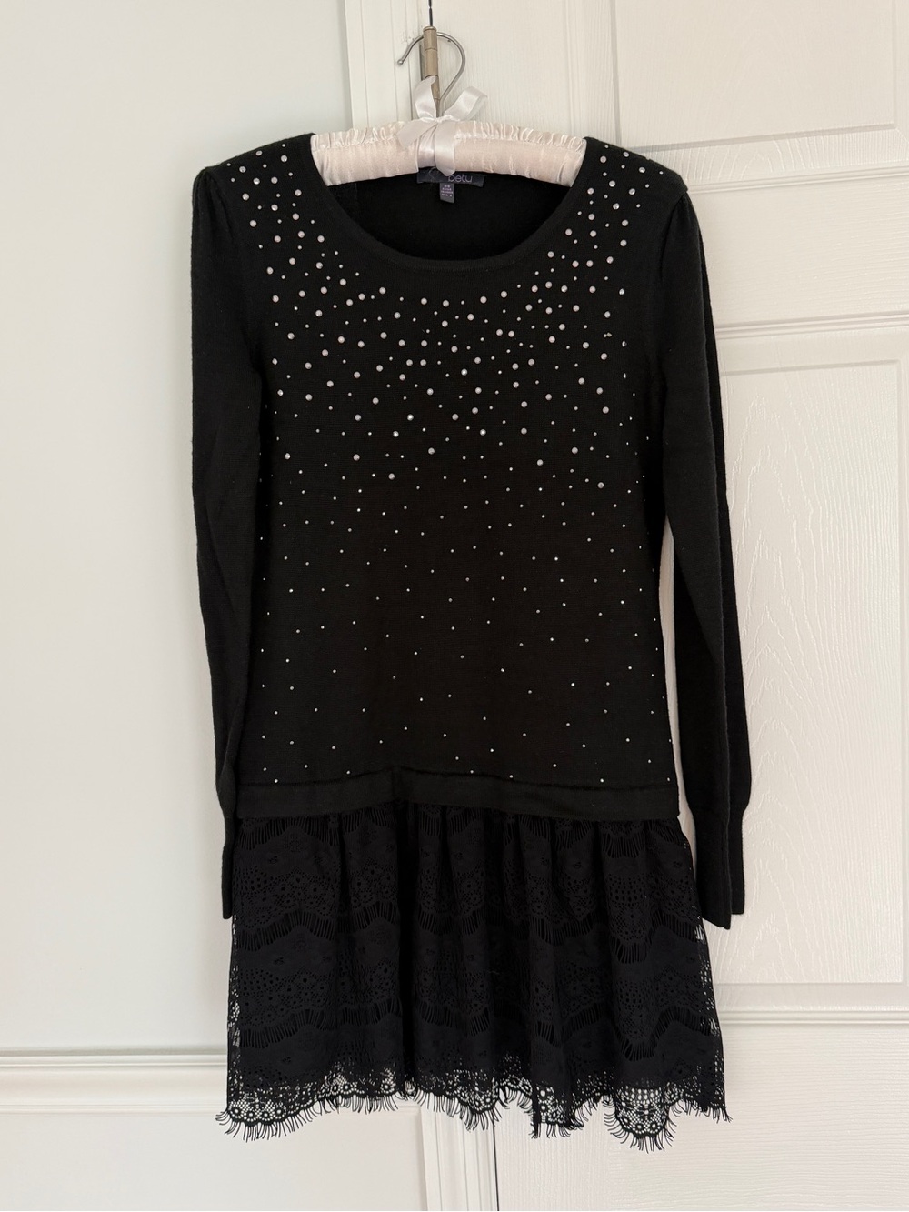 Betu Black knit Sweater Dress rhinestone scattered lace hem mini wool blend